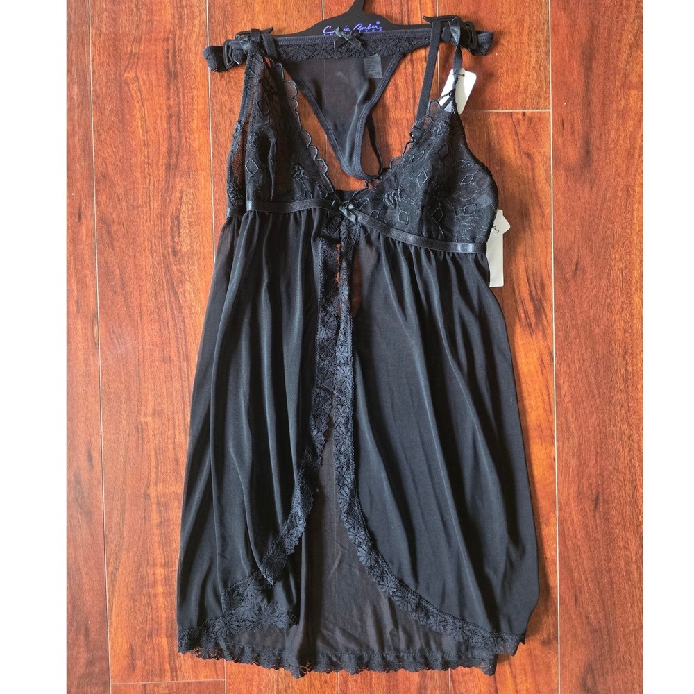 Carrie Amber Intimates Black Lace Mesh Babydoll Chemise Thong Set Small